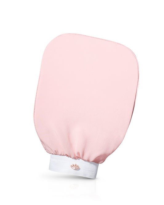 A COCOSOLIS Silk Exfoliating Mitt with a pink color 