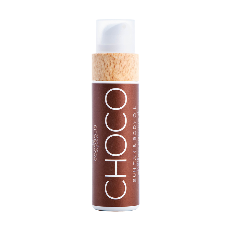 Cocosolis Choco Body Oil in its Brown Packaging with a Bamboo top