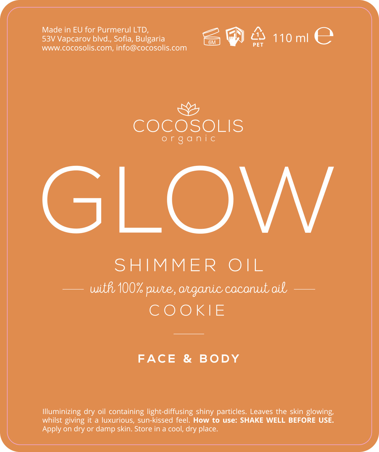 The COCOSOLIS Glow Shimmer Oil Label displaying 100% pure, organic ingredients and the products cookie scent