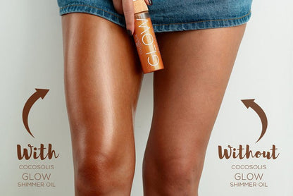 A picture comparing a woman's legs with and without the application of GLOW Shimmer Oil that shows the vast difference of radiance after using the oil